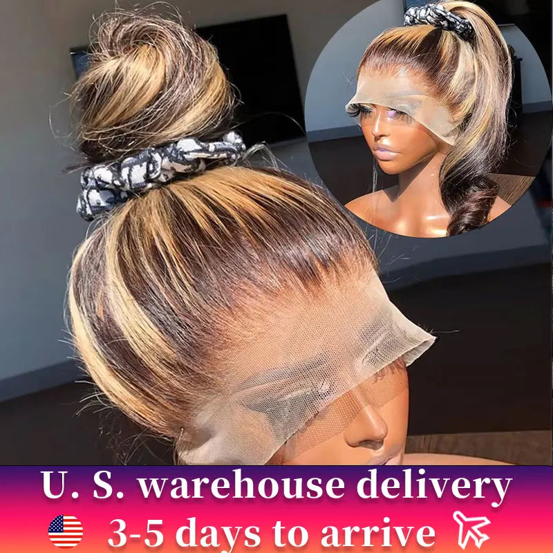 P4/27 Honey Blonde 360 Full HD Lace Frontal Wig Highlight Glueless Wig Human Hair Pre Plucked